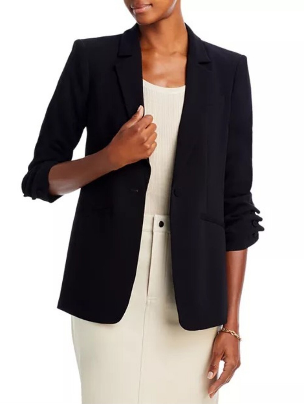 Cinq à Sept Khloe Blazer Size 4 Black Ruched 3/4 Sleeve Single Button